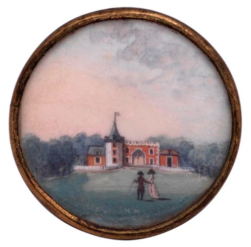 Miniature sur papier attribuée à Carmontelle, porte de Chelles du parc du château du Raincy, vers 1787 Miniature sur papier attribuée à Carmontelle, porte de Chelles du parc du château du Raincy, vers 1787