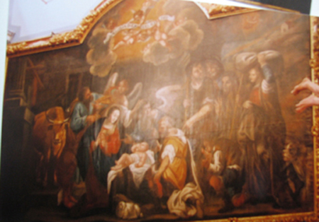 fig. 1 Anonyme, Adoration des bergers, milieu du XVIIIe siècle, huile sur toile, H. 250 (350 dans la partie centrale) ; L. 450 cm, Viver-de-la-Sierra (province de Saragosse), ermitage Notre-Dame-du-Prado. © D.P.Z. fig. 1 Anonyme, Adoration des bergers, milieu du XVIIIe siècle, huile sur toile, H. 250 (350 dans la partie centrale) ; L. 450 cm, Viver-de-la-Sierra (province de Saragosse), ermitage Notre-Dame-du-Prado. © D.P.Z.