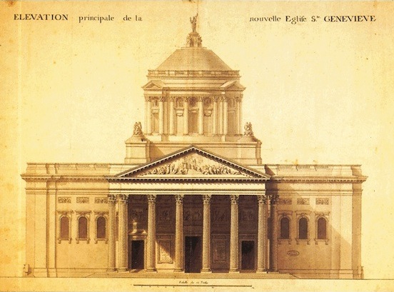 J.-G. Soufflot, Élévation principale de la Nouvelle Église Sainte-Geneviève, (Panthéon actuel).
Deuxième projet de dôme en 1764, plume et lavis, Archives nationales, Paris. J.-G. Soufflot, Élévation principale de la Nouvelle Église Sainte-Geneviève, (Panthéon actuel).
Deuxième projet de dôme en 1764, plume et lavis, Archives nationales, Paris.