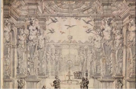 Décor pour La Finta Pazza, acte III (scènes 1 à 8), d’après Giacomo Torelli, 1645, © Archives nationales – Paris Décor pour La Finta Pazza, acte III (scènes 1 à 8), d’après Giacomo Torelli, 1645, © Archives nationales – Paris