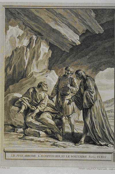 Burin de Nicolas Gabriel Dupuis (1698-1771) achevé à l’eau-forte par Manuel Salvador Carmona (1734-1820), selon un modèle dessiné de Jean-Baptiste Oudry (1686-1755), Le Juge, l’hospitalier et le solitaire, 1759, eau-forte et burin, 300 x 225 mm, dans Jean de La Fontaine (1621-1695), Fables choisies, Paris, Charles Antoine Jombert, 1759, t. IV, estampe n° 68. © B.N.E. Burin de Nicolas Gabriel Dupuis (1698-1771) achevé à l’eau-forte par Manuel Salvador Carmona (1734-1820), selon un modèle dessiné de Jean-Baptiste Oudry (1686-1755), Le Juge, l’hospitalier et le solitaire, 1759, eau-forte et burin, 300 x 225 mm, dans Jean de La Fontaine (1621-1695), Fables choisies, Paris, Charles Antoine Jombert, 1759, t. IV, estampe n° 68. © B.N.E.